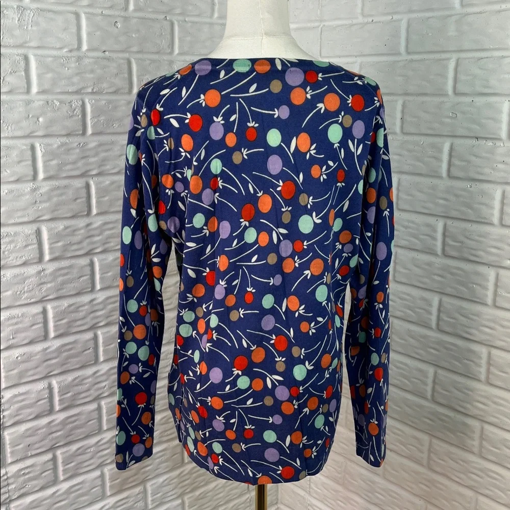BODEN CARDIGAN 100% WOOL BUTTON DOWN LIGHTWEIGHT BLUE FLORAL DOTS SZ 14